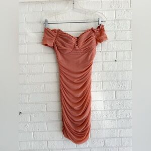Body-con Ruched Off-Shoulder Coral Dress